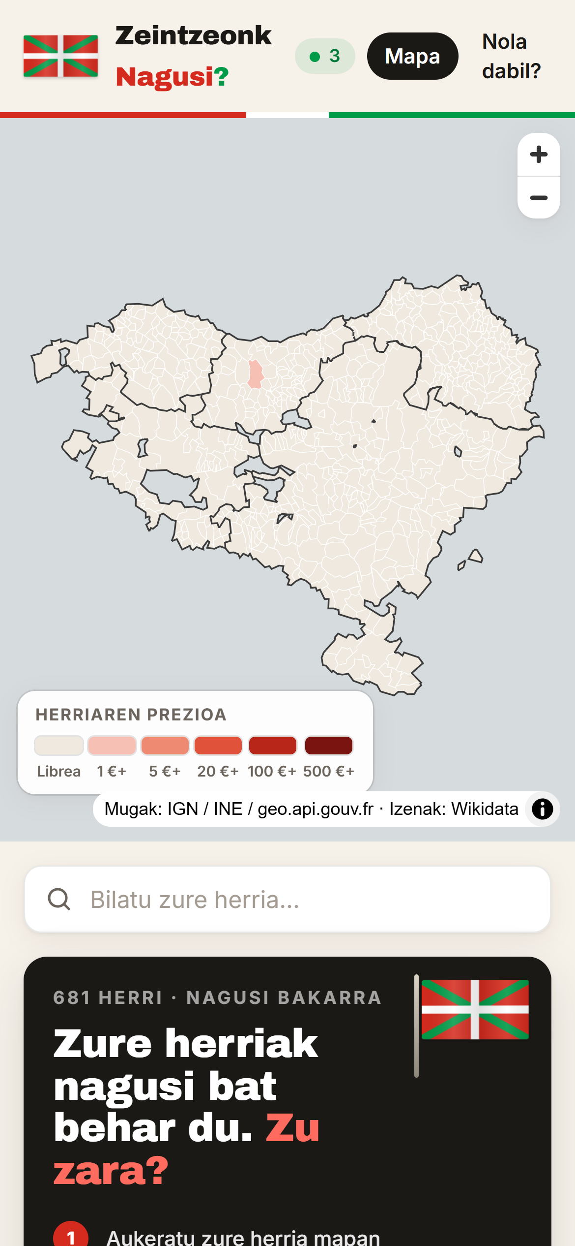 Zeintzeonk Nagusi?: Euskal Herriko 681 herrien mapa, prezioaren arabera koloreztatuta